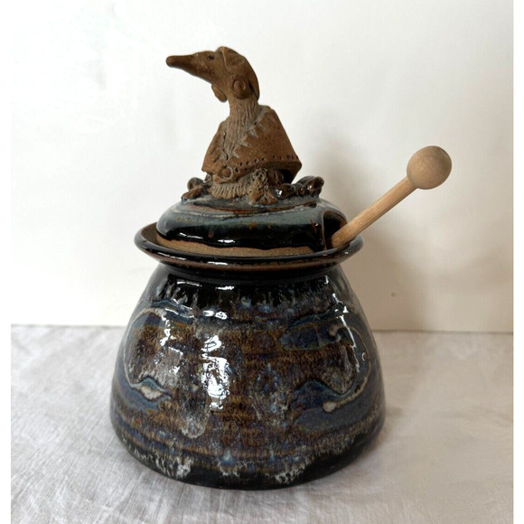 Signed Studio Pottery Honey Pot Jar Mother Goose Figural Lid w Dipper Maggie? - Picture 1 of 10